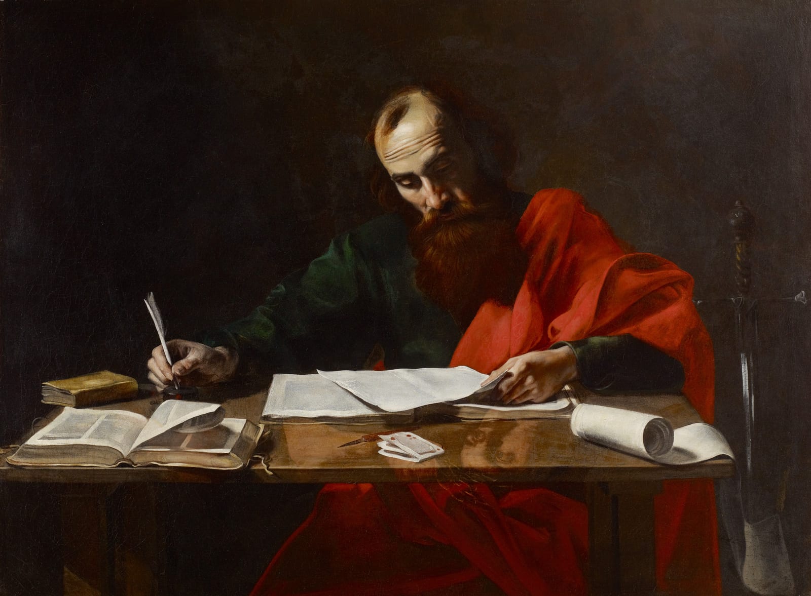 Valentin de Boulogne, Saint Paul Writing His Epistles, c. 1618–20 — Museum of Fine Arts, Houston
