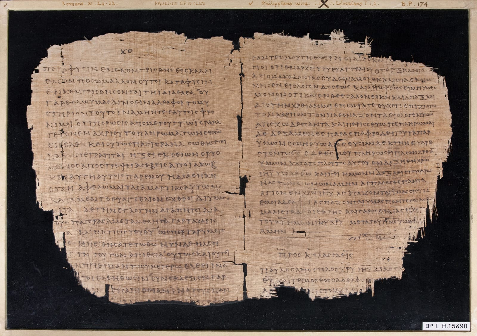 Papyrus 46, c. 200 — a bifolio carrying Romans on one leaf and the end of Philippians and the start of Colossians on the other; Chester Beatty, Dublin